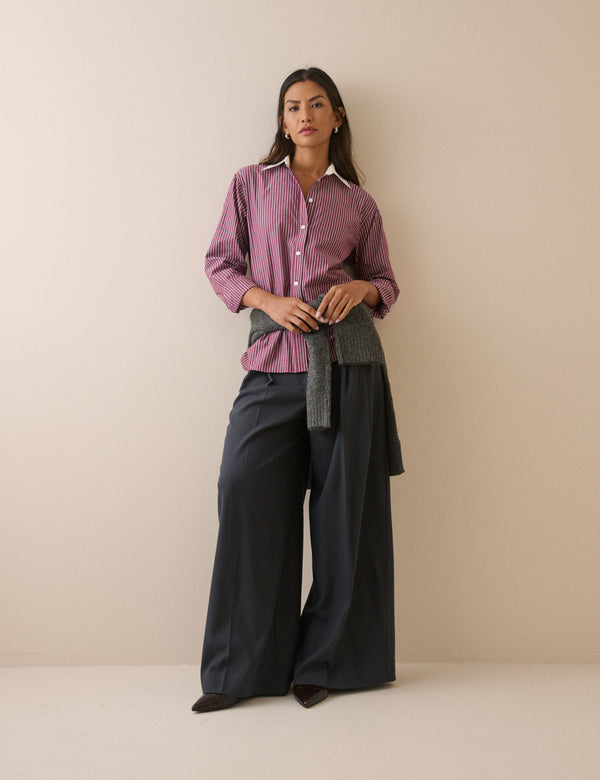 Burgundy Pinstripe Contrast Collar Shirt