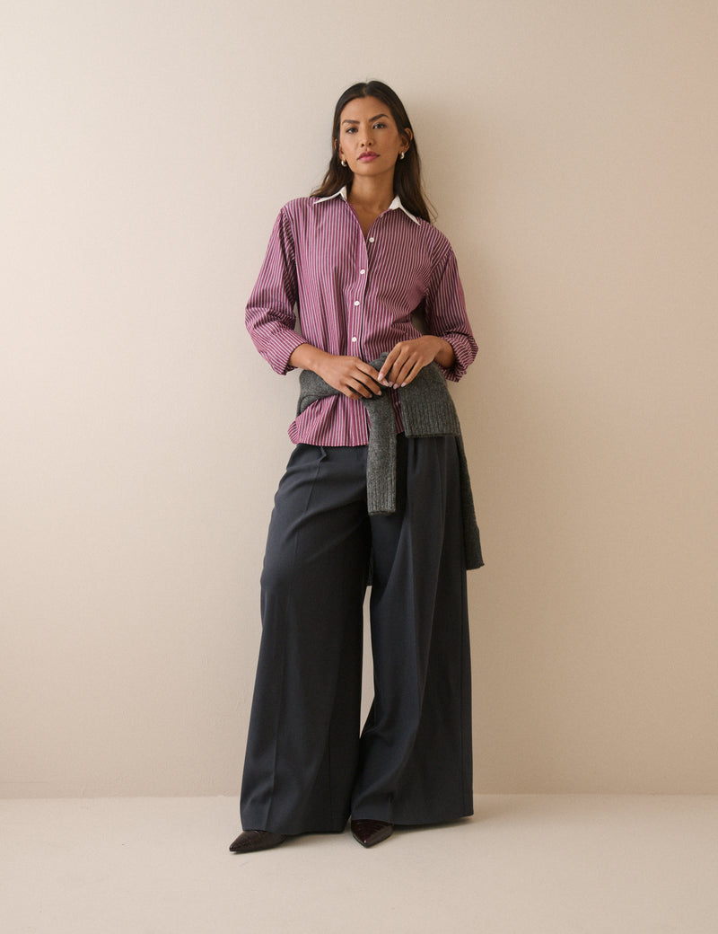 Burgundy Pinstripe Contrast Collar Shirt