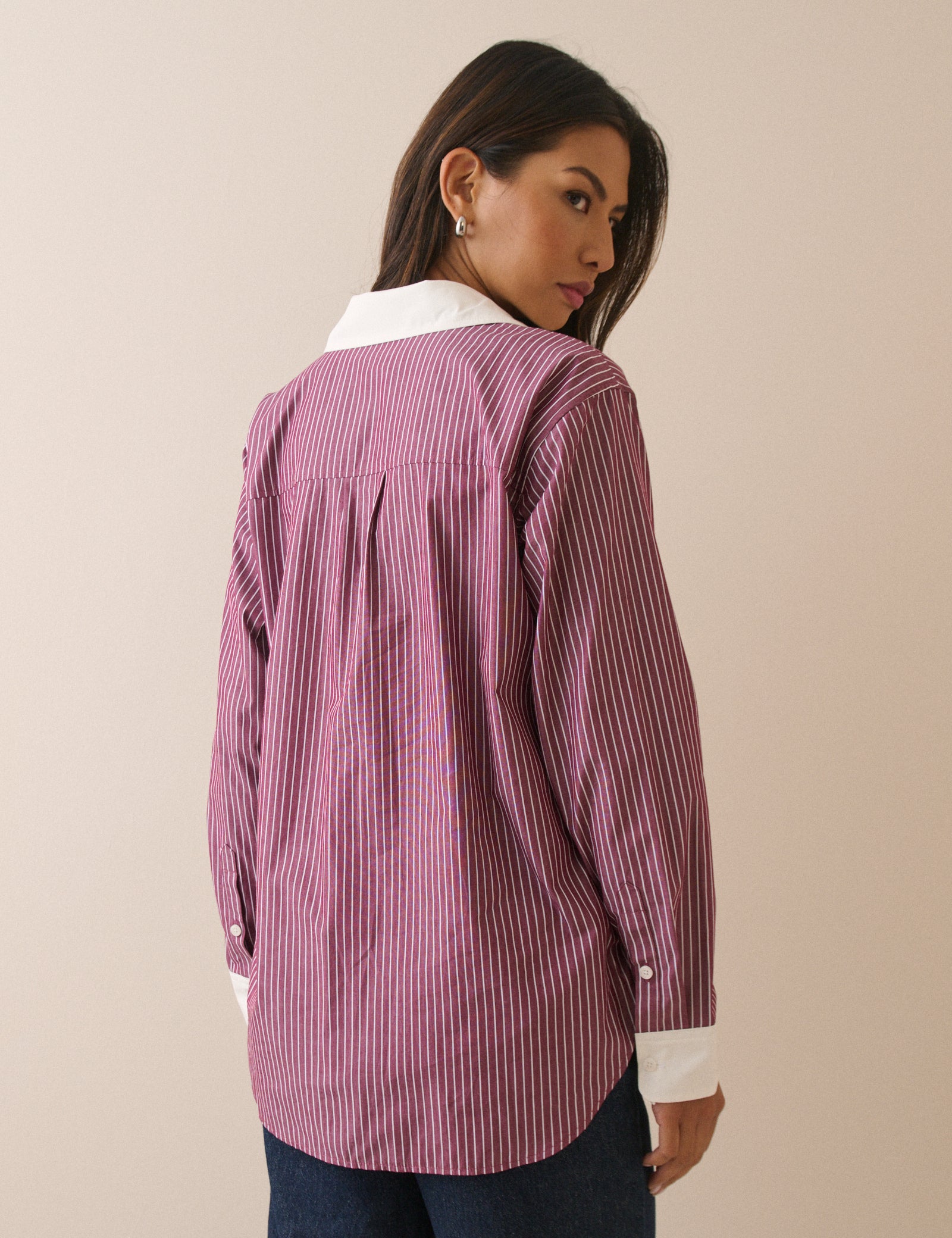Burgundy Pinstripe Contrast Collar Shirt