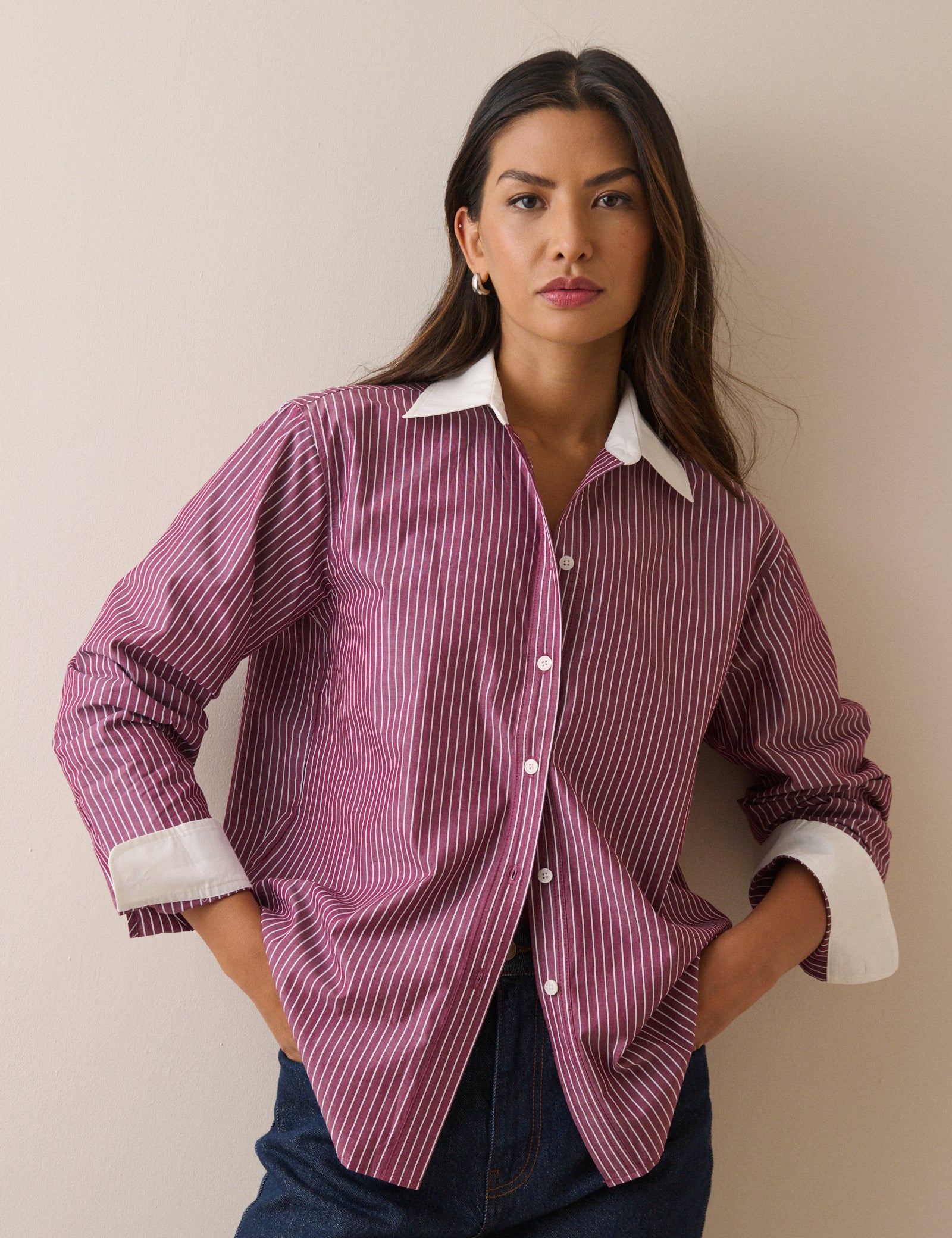 Burgundy Pinstripe Contrast Collar Shirt