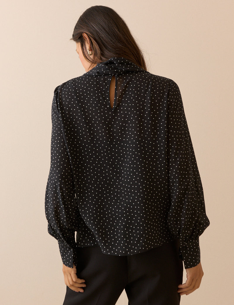 Black Polka Dot Tie Neck Blouse