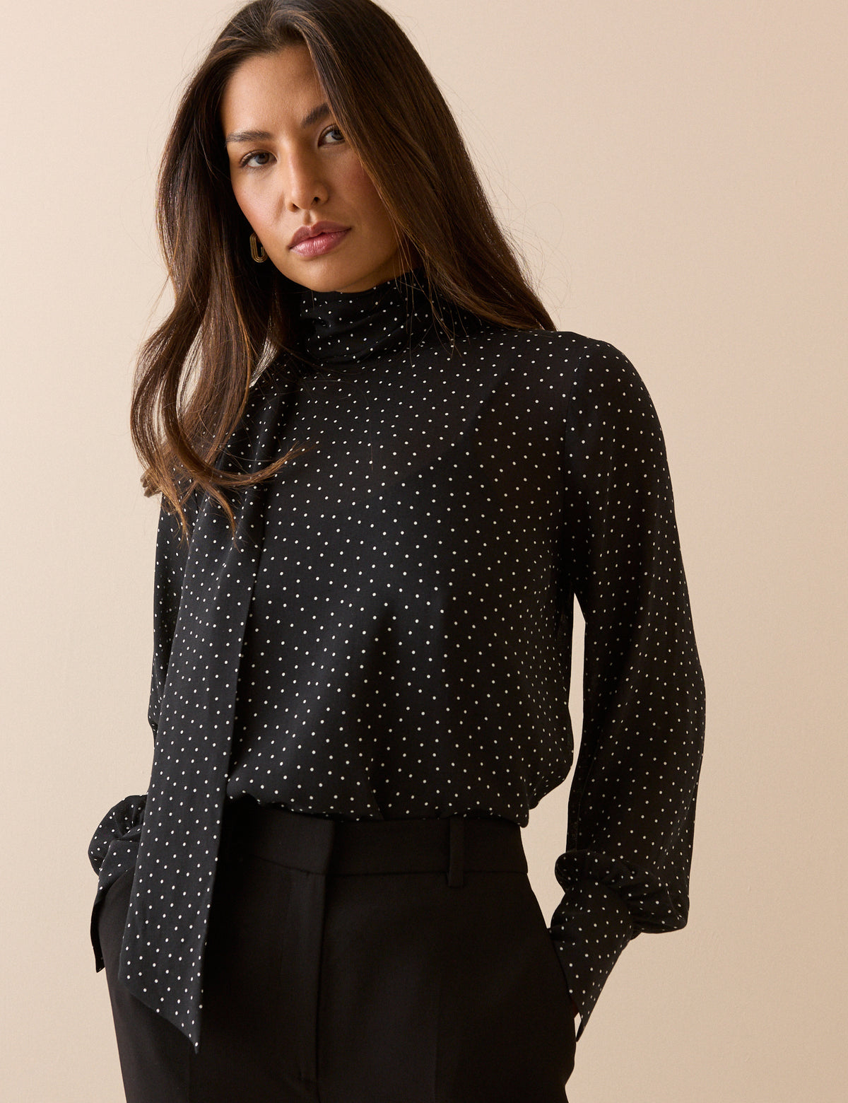 Black Polka Dot Tie Neck Blouse