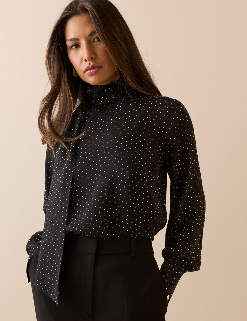 Black Polka Dot Tie Neck Blouse