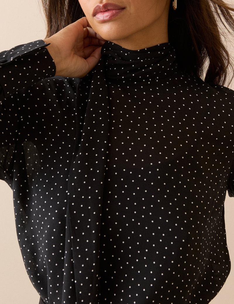 Black Polka Dot Tie Neck Blouse