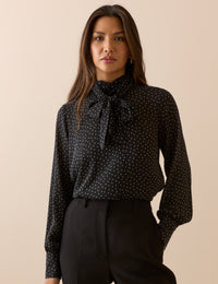 Black Polka Dot Tie Neck Blouse