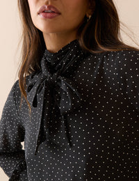 Black Polka Dot Tie Neck Blouse
