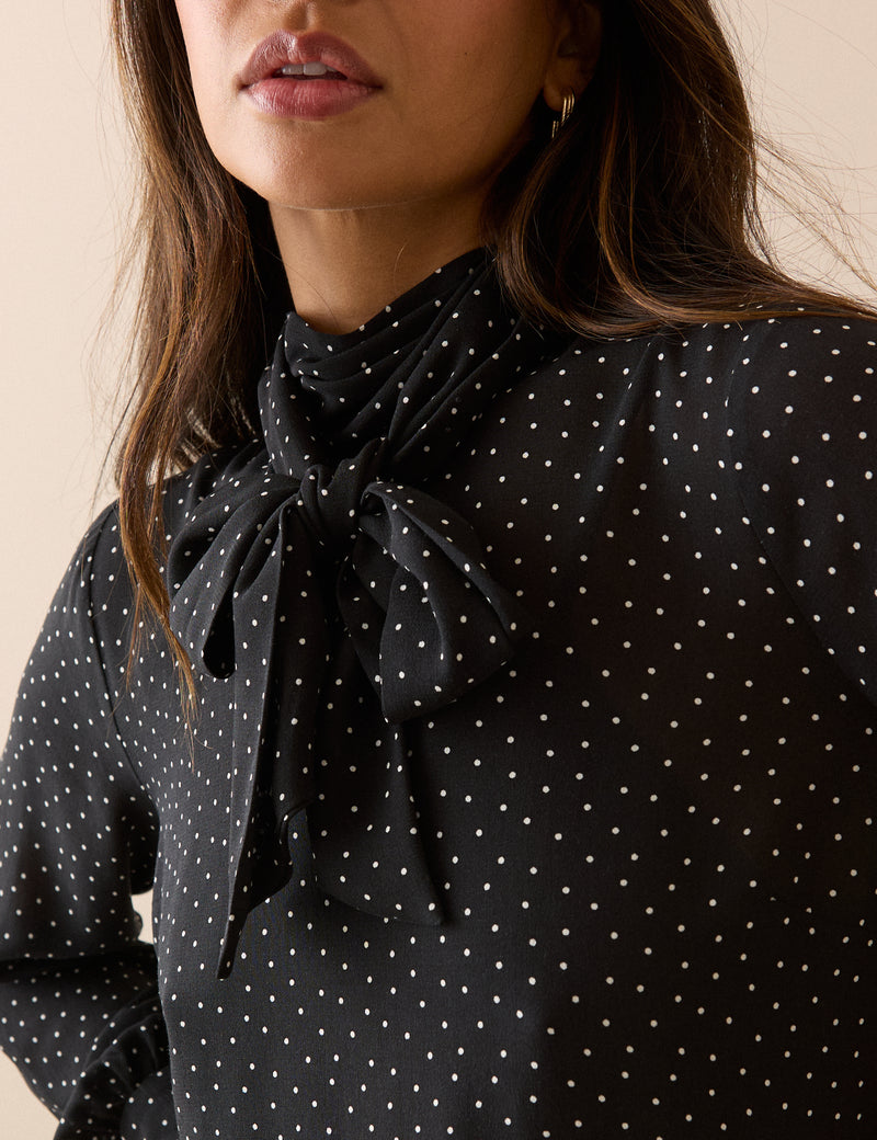Black Polka Dot Tie Neck Blouse