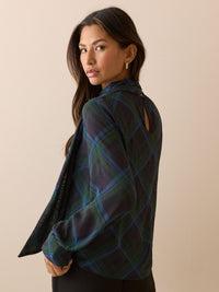 Blue and Green Tartan Tie Neck Blouse