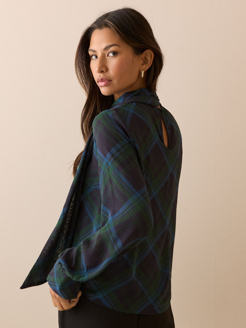Blue and Green Tartan Tie Neck Blouse
