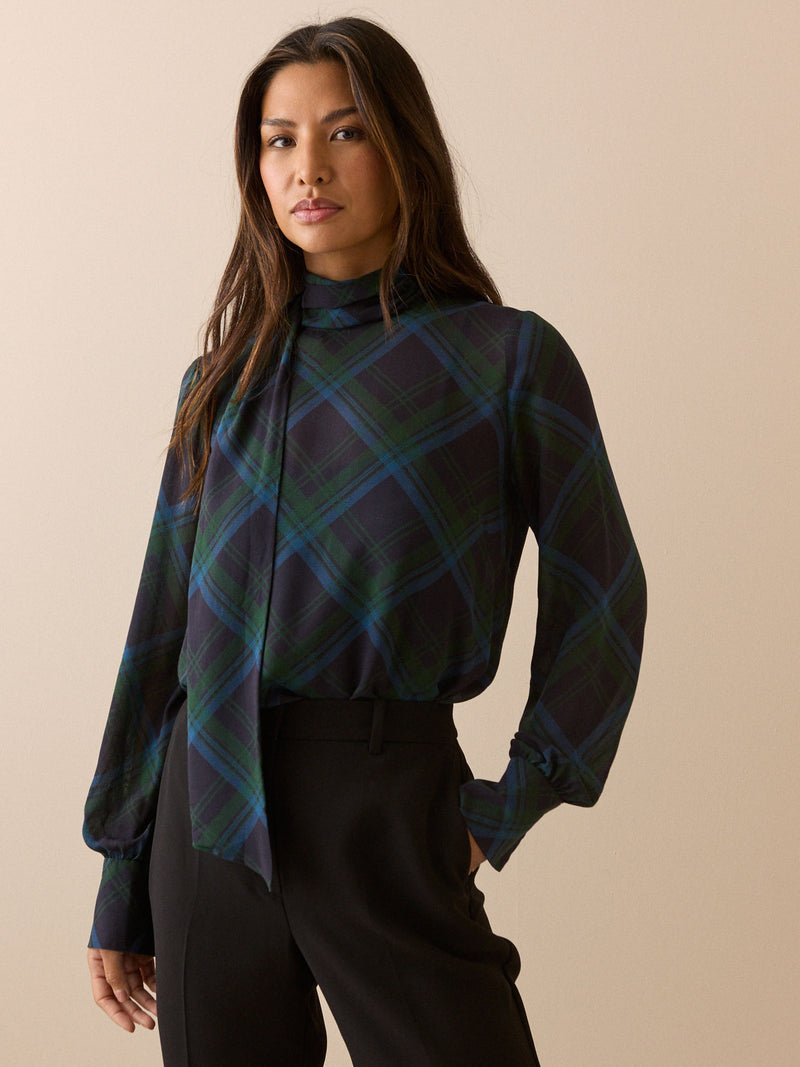 Blue and Green Tartan Tie Neck Blouse