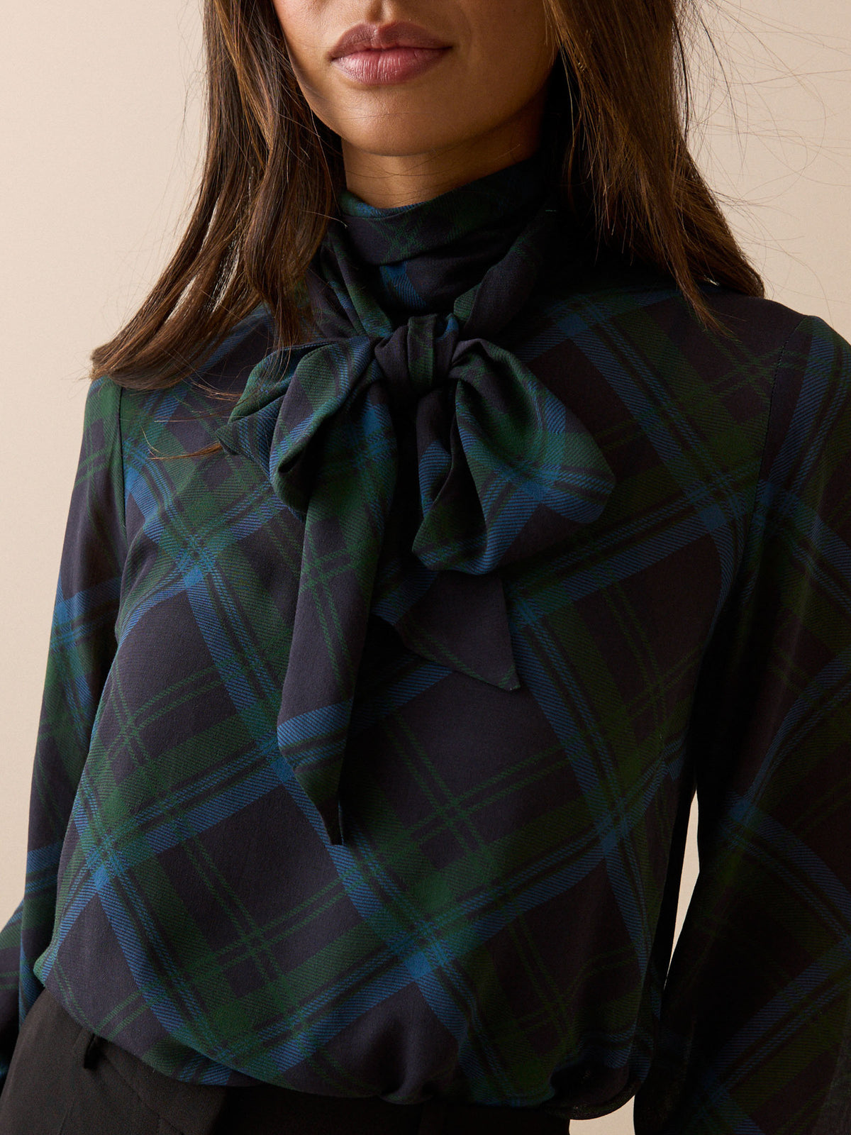 Blue and Green Tartan Tie Neck Blouse