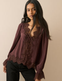 Chocolate Brown Satin Lace Trim Wilde Blouse