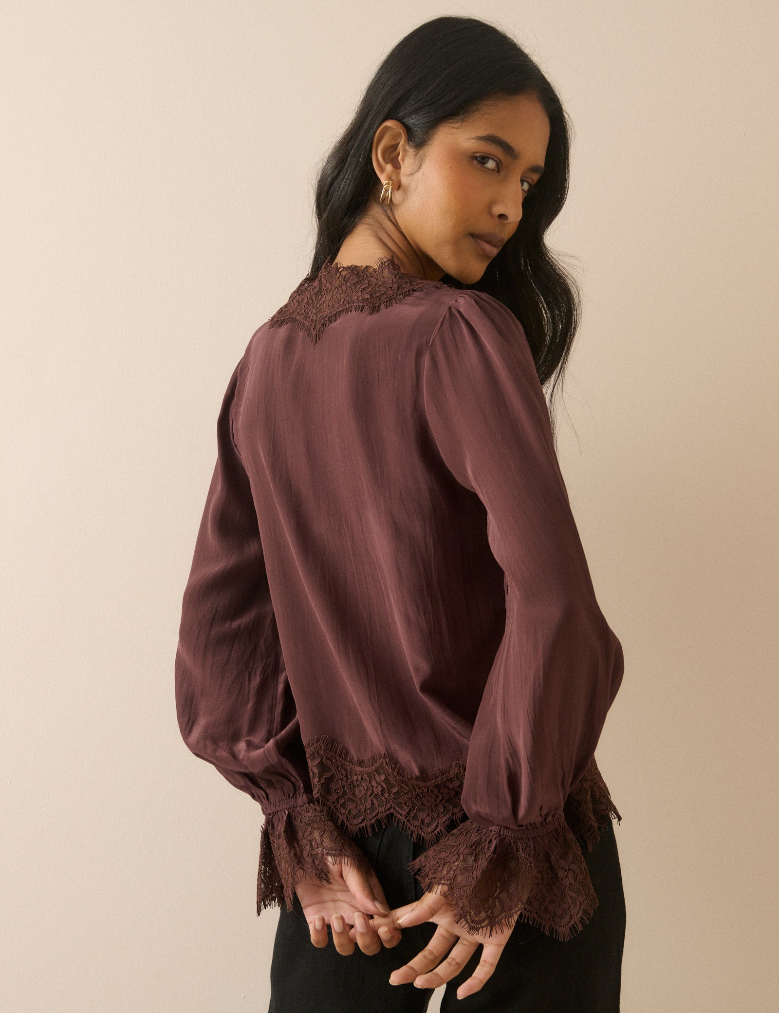 Chocolate Brown Satin Lace Trim Wilde Blouse