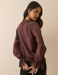 Chocolate Brown Satin Lace Trim Wilde Blouse