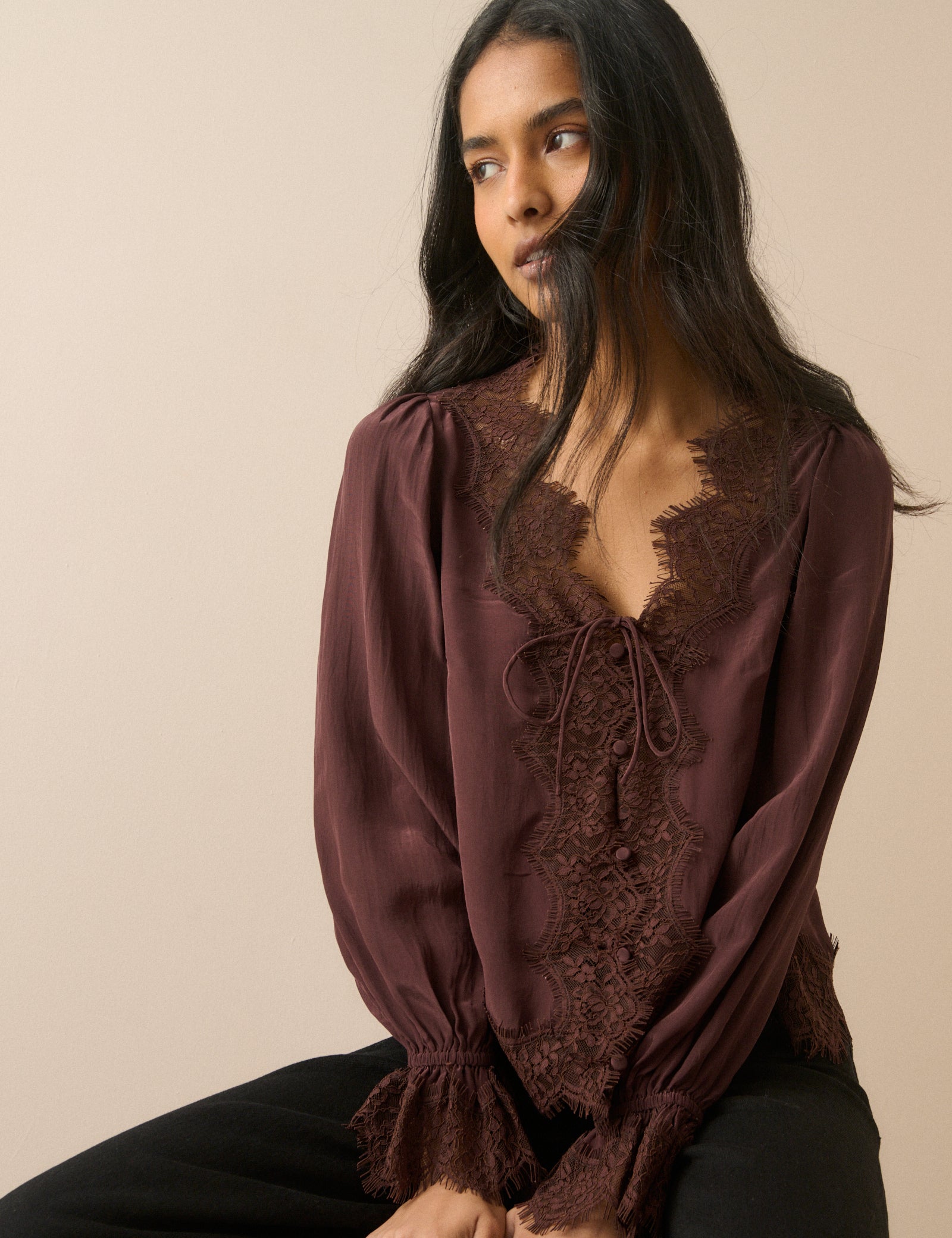 Chocolate Brown Satin Lace Trim Wilde Blouse