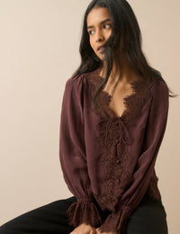 Chocolate Brown Satin Lace Trim Wilde Blouse