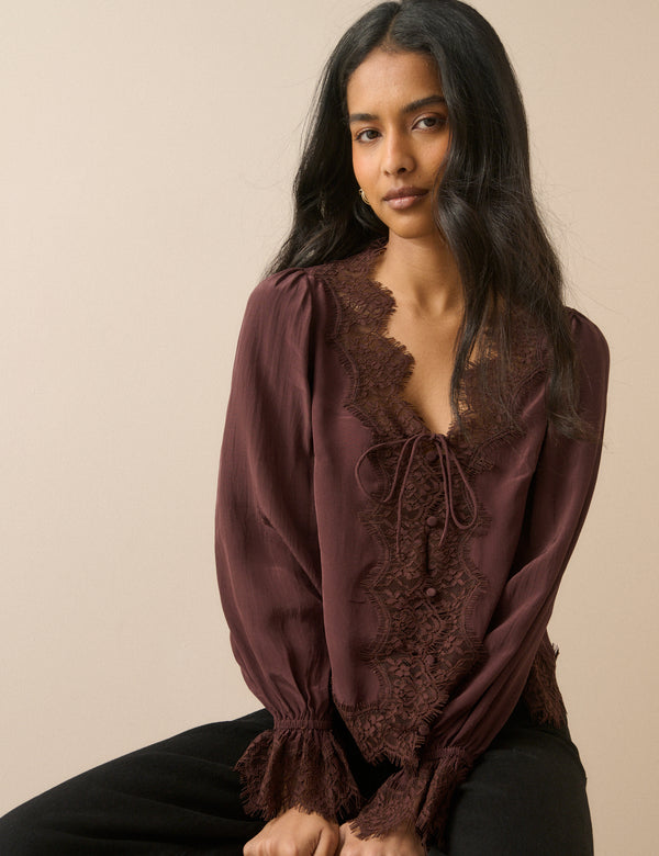Chocolate Brown Satin Lace Trim Wilde Blouse