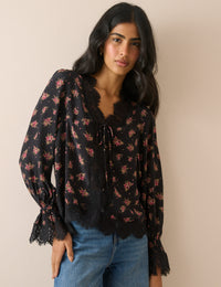 Black Floral Lace Trim Satin Blouse