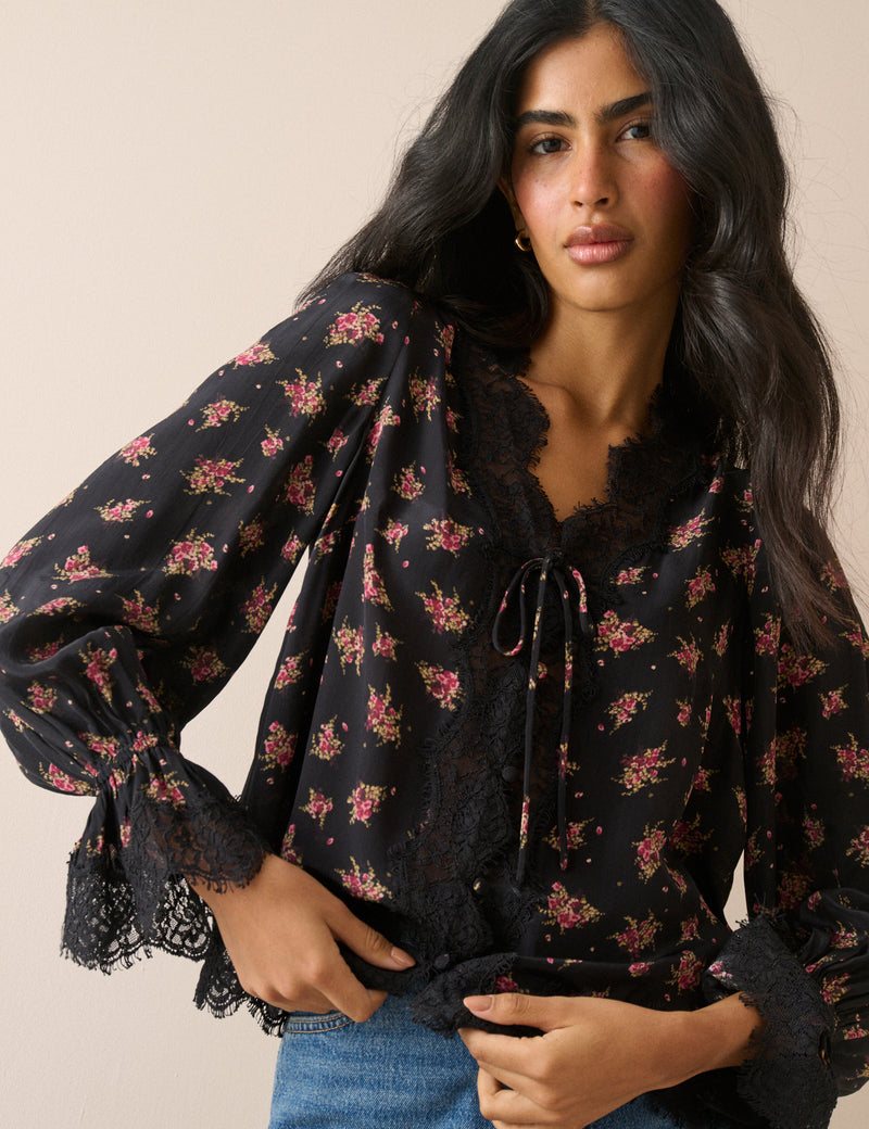 Black Floral Lace Trim Satin Blouse