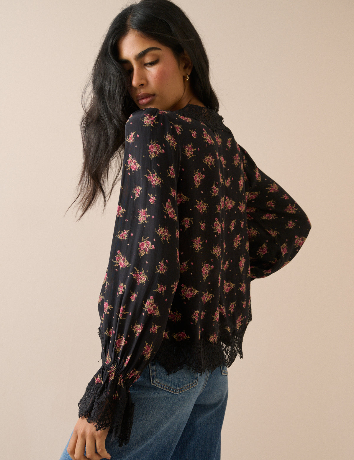 Black Floral Lace Trim Satin Blouse
