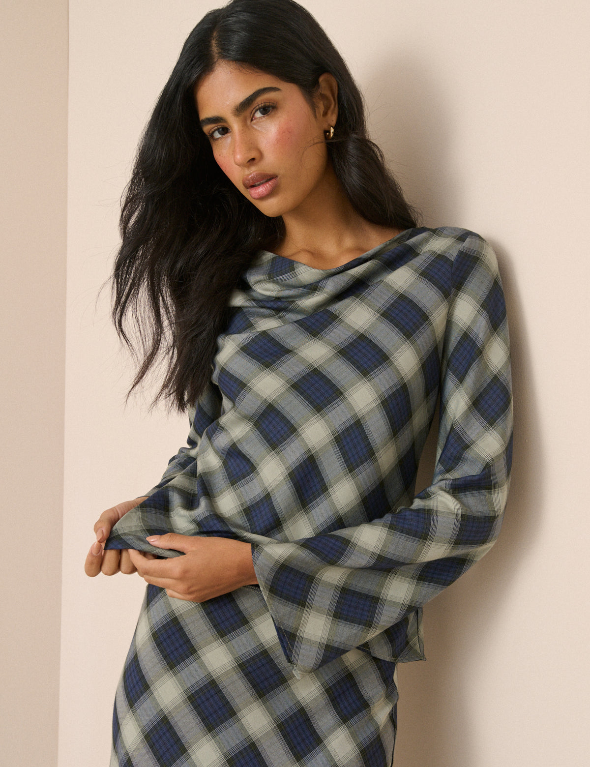 Navy Check Cowl Neck Top