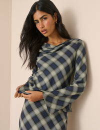 Navy Check Cowl Neck Top