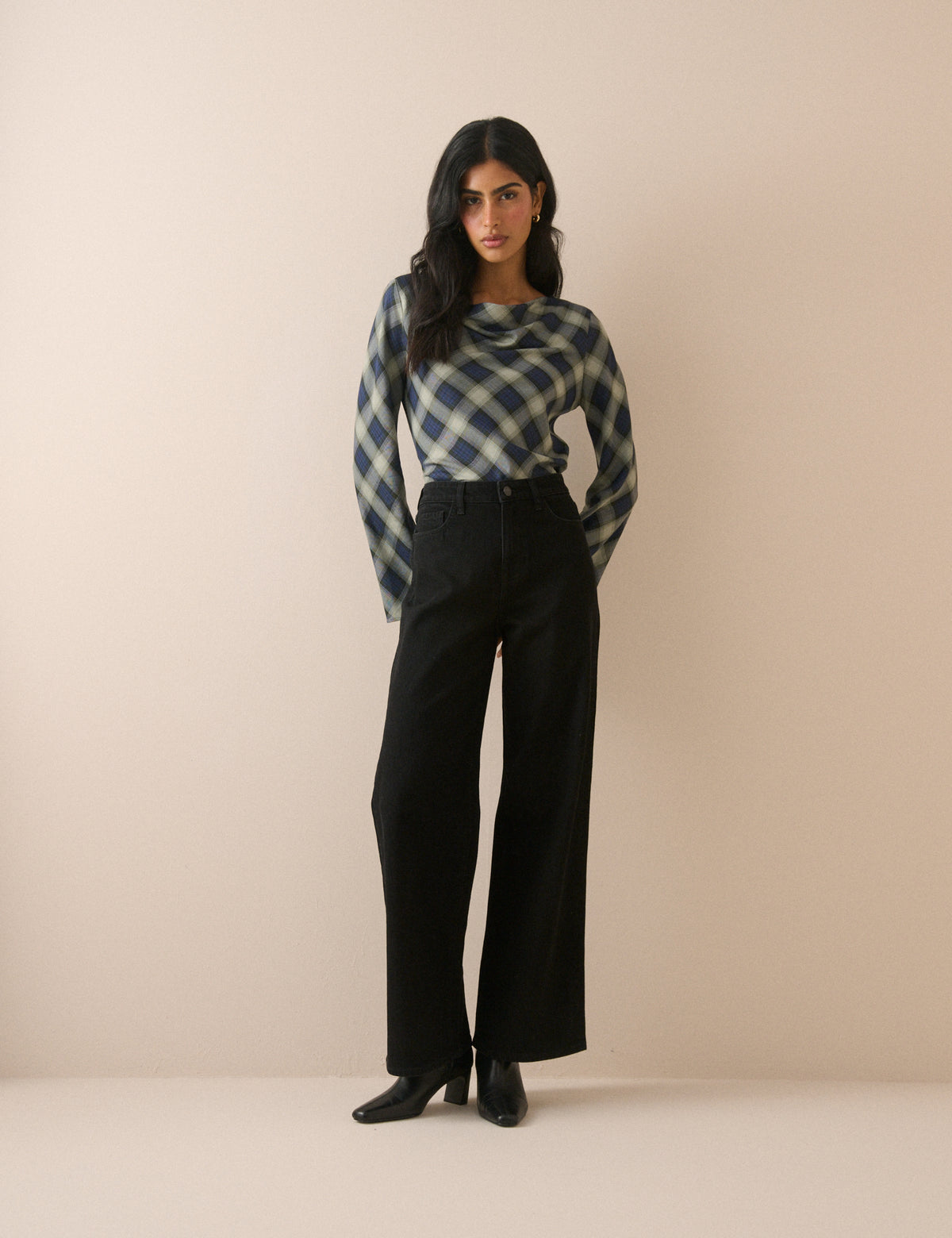 Navy Check Cowl Neck Top