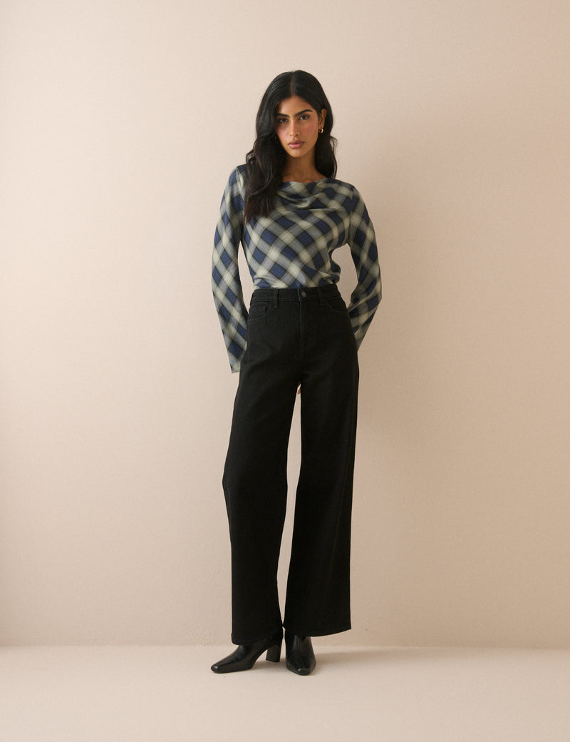 Navy Check Cowl Neck Top