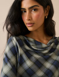 Navy Check Cowl Neck Top