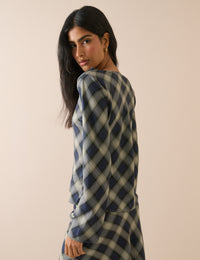 Navy Check Cowl Neck Top