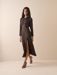 Brown Jacquard Floral Long Sleeve Jamie Midi Dress
