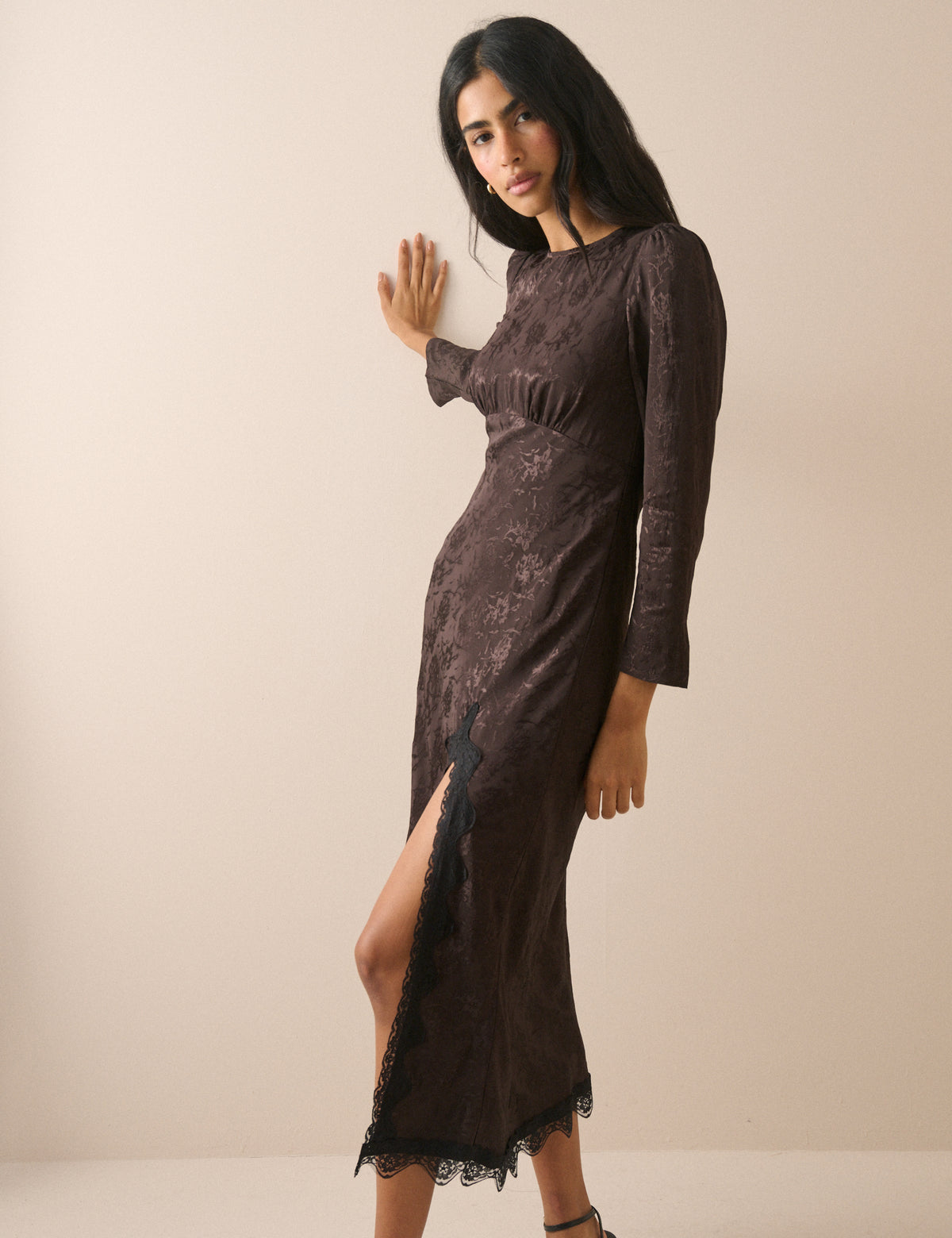 Brown Jacquard Floral Long Sleeve Jamie Midi Dress