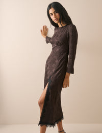 Brown Jacquard Floral Long Sleeve Jamie Midi Dress