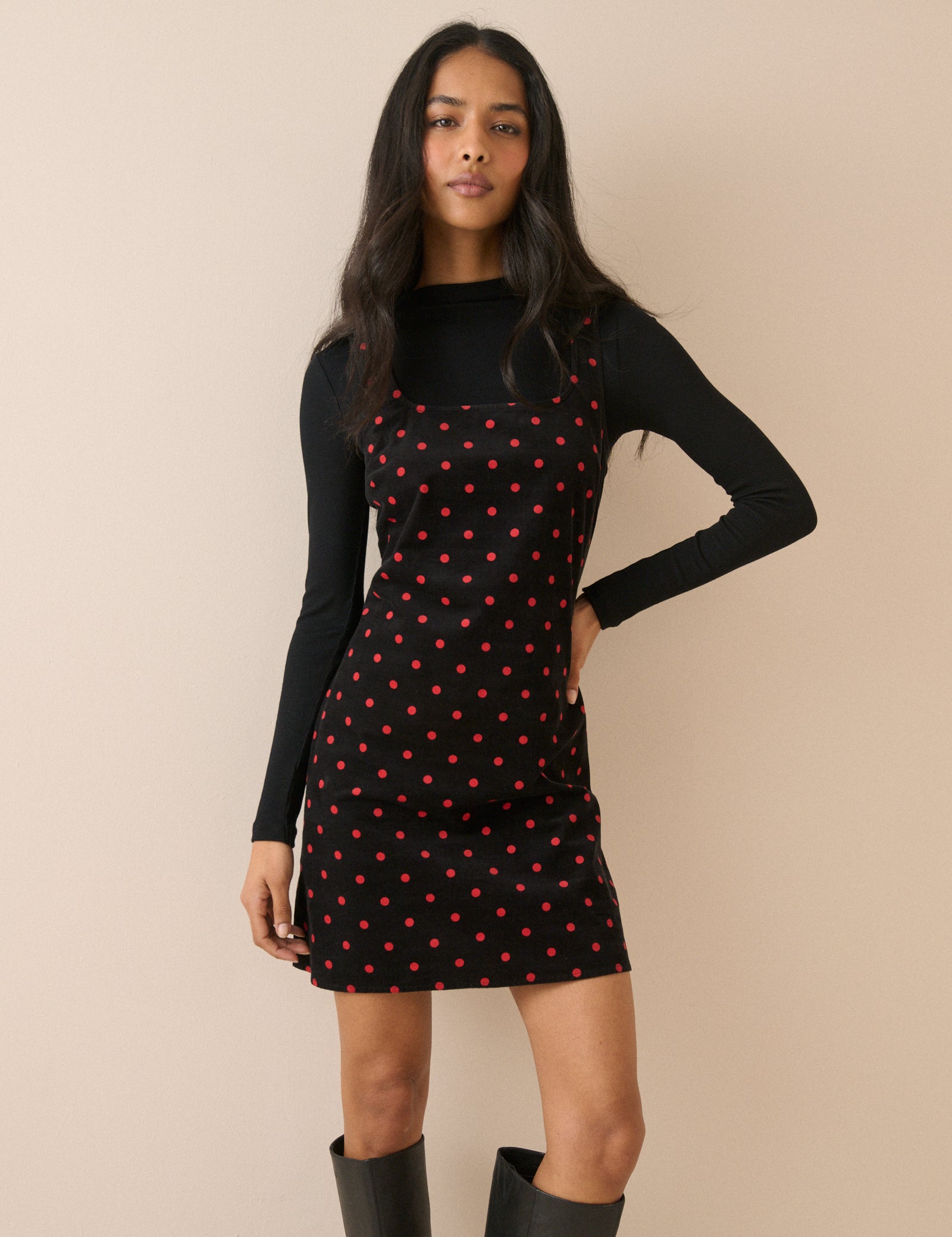 Black and Red Polka Dot Cord Connie Shift Dress
