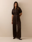 Brown Puff Sleeve Cord Jumpsuit