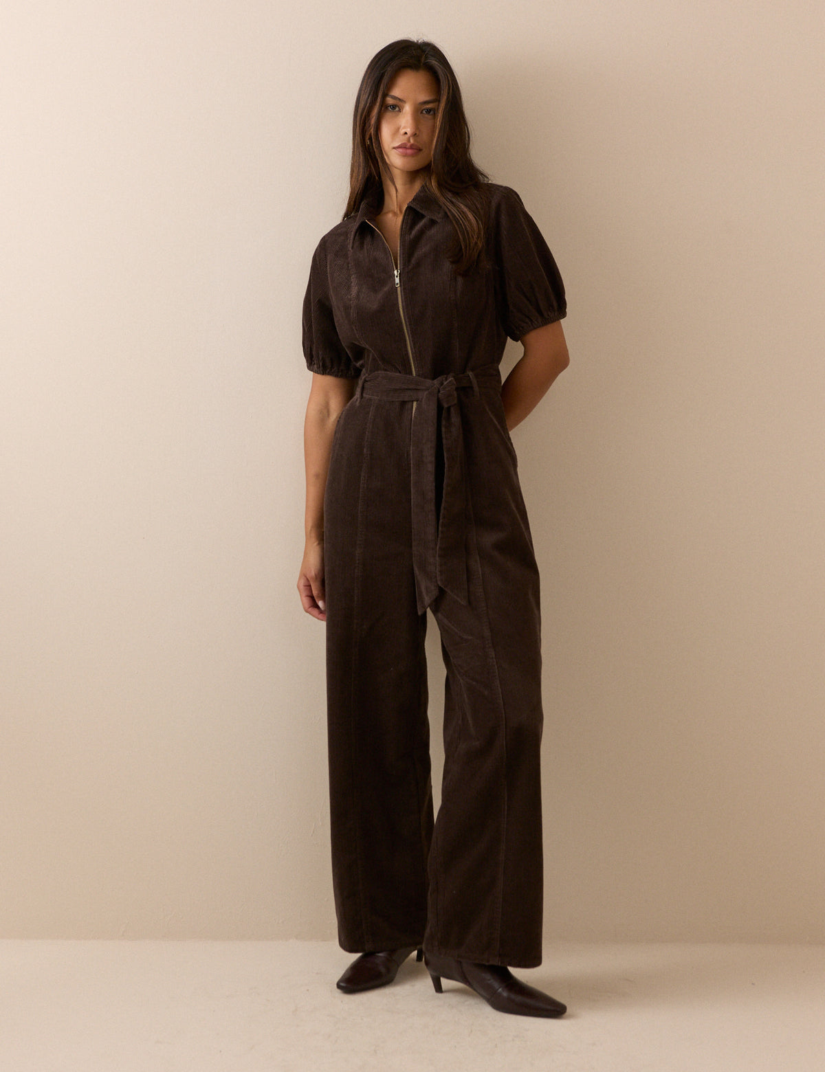 Brown Puff Sleeve Cord Jumpsuit