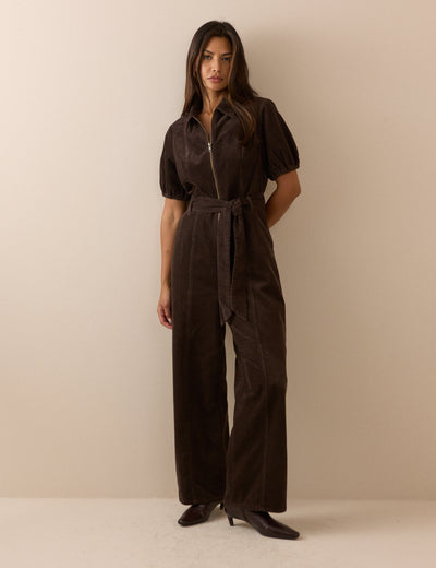 Brown Puff Sleeve Cord Jumpsuit