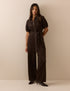 Brown Puff Sleeve Cord Jumpsuit