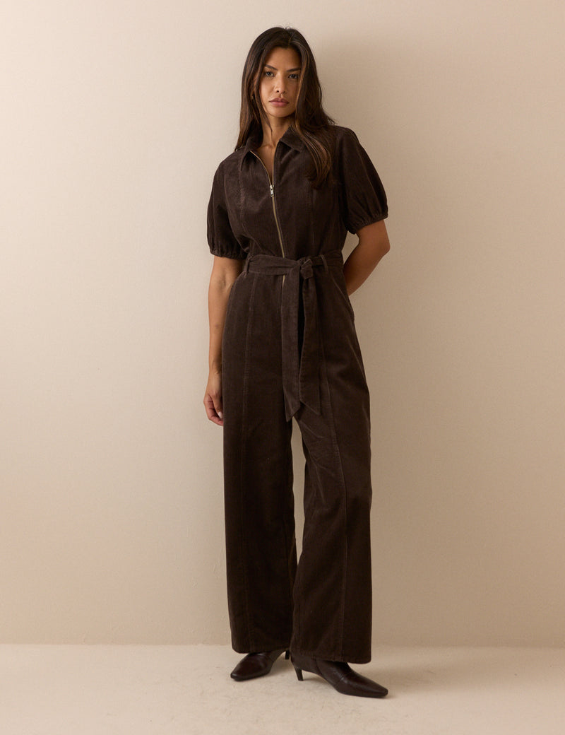 Brown Puff Sleeve Cord Jumpsuit