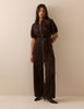 Brown Puff Sleeve Cord Jumpsuit