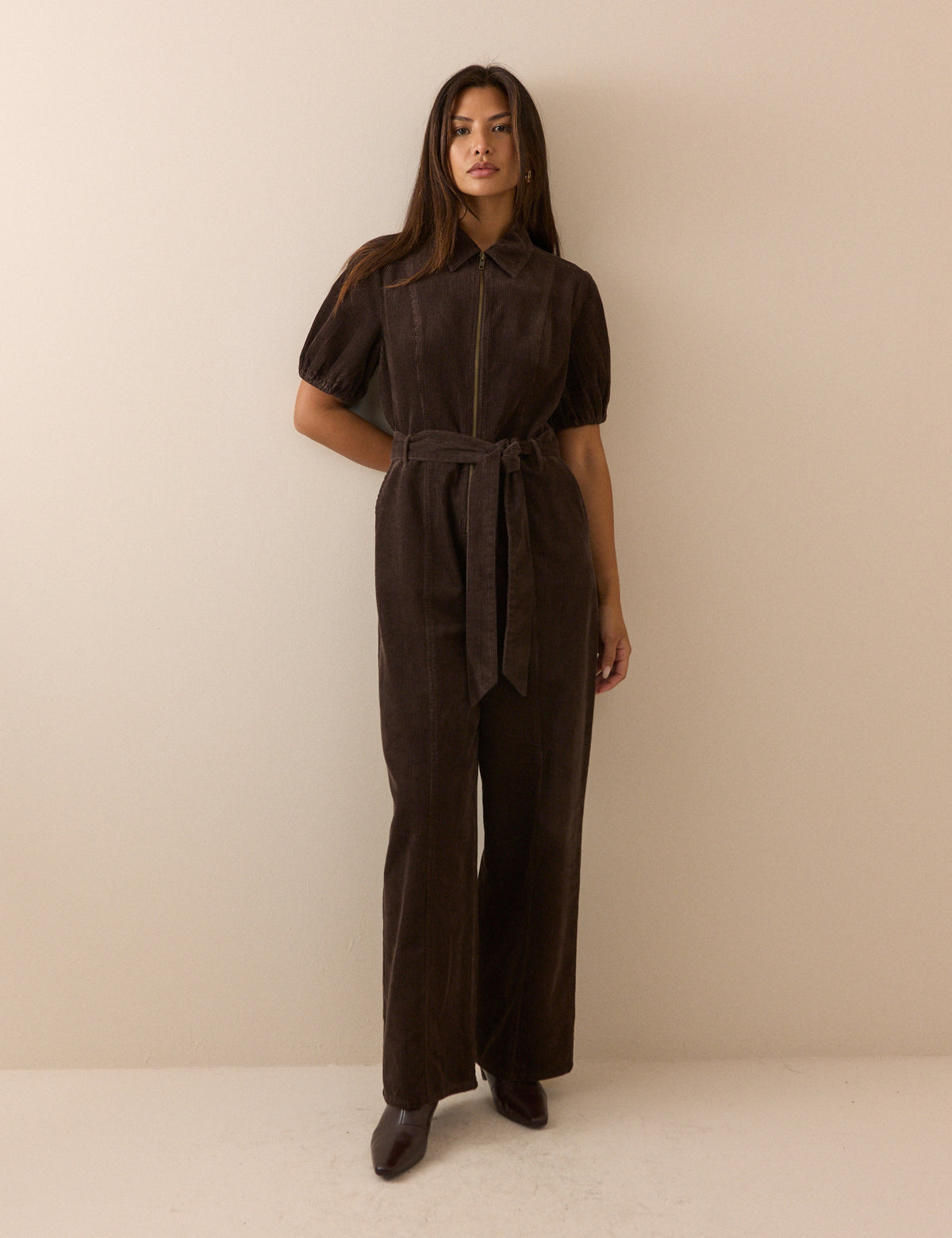 Brown Puff Sleeve Cord Jumpsuit