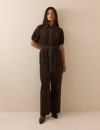 Brown Puff Sleeve Cord Jumpsuit