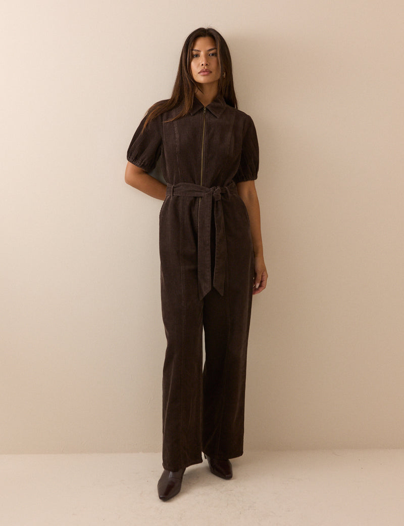 Brown Puff Sleeve Cord Jumpsuit