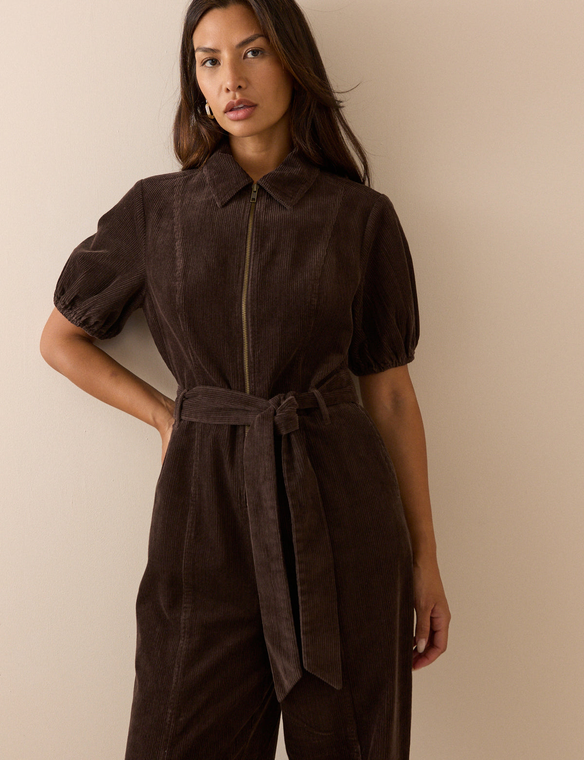 Brown Puff Sleeve Cord Jumpsuit