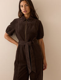 Brown Puff Sleeve Cord Jumpsuit