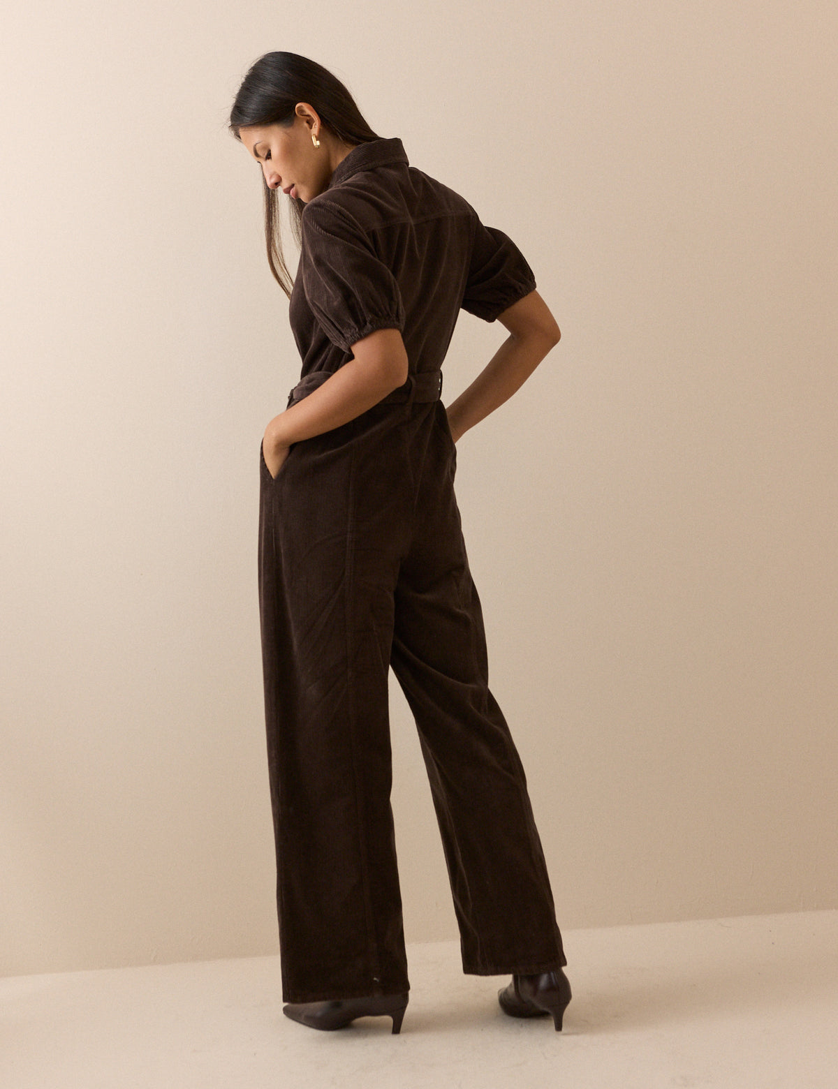 Brown Puff Sleeve Cord Jumpsuit