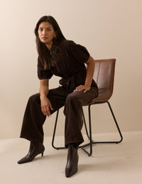 Brown Puff Sleeve Cord Jumpsuit