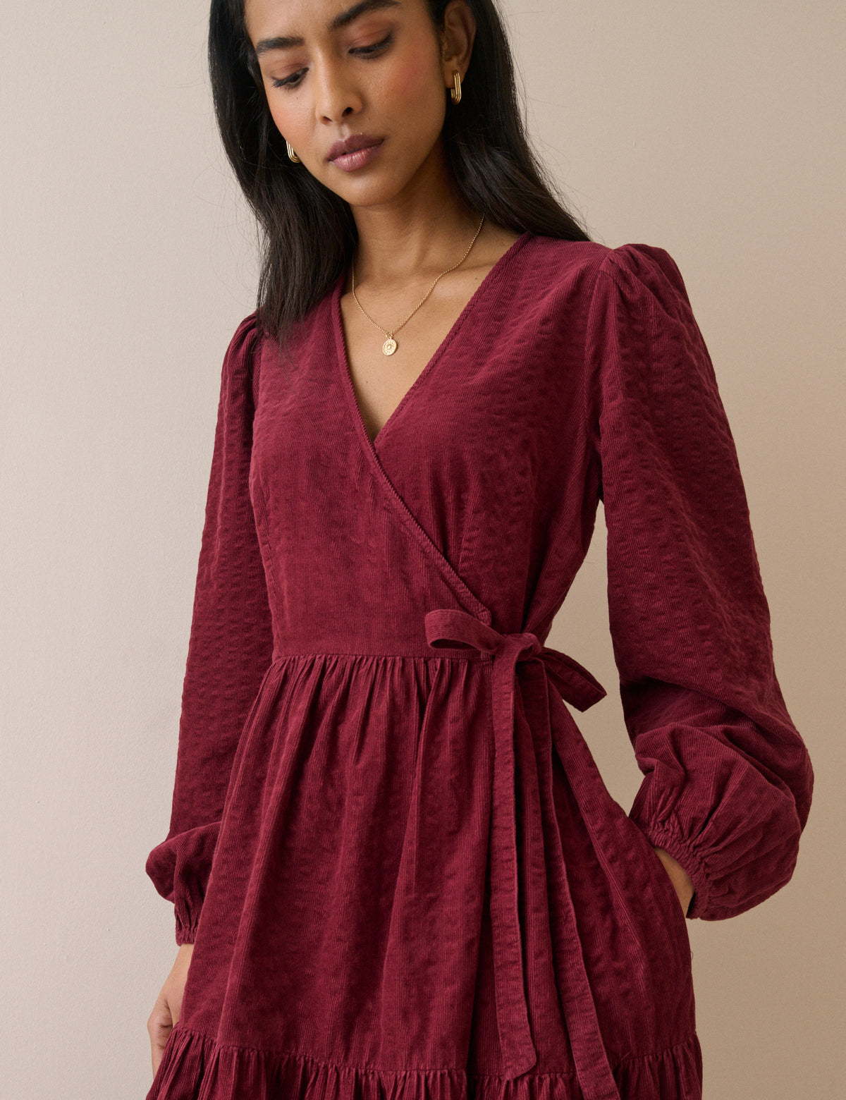 Burgundy Wrap Cord Julia Midi Dress
