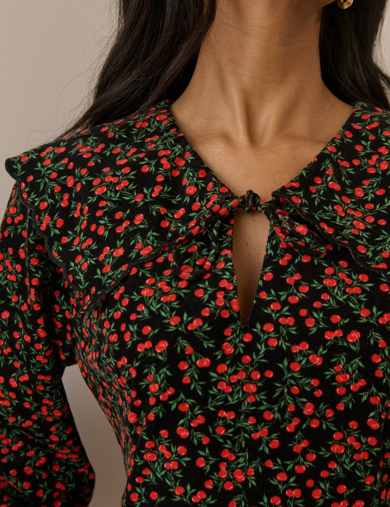Black and Red Ditsy Cherry Hannah Cord Mini Dress