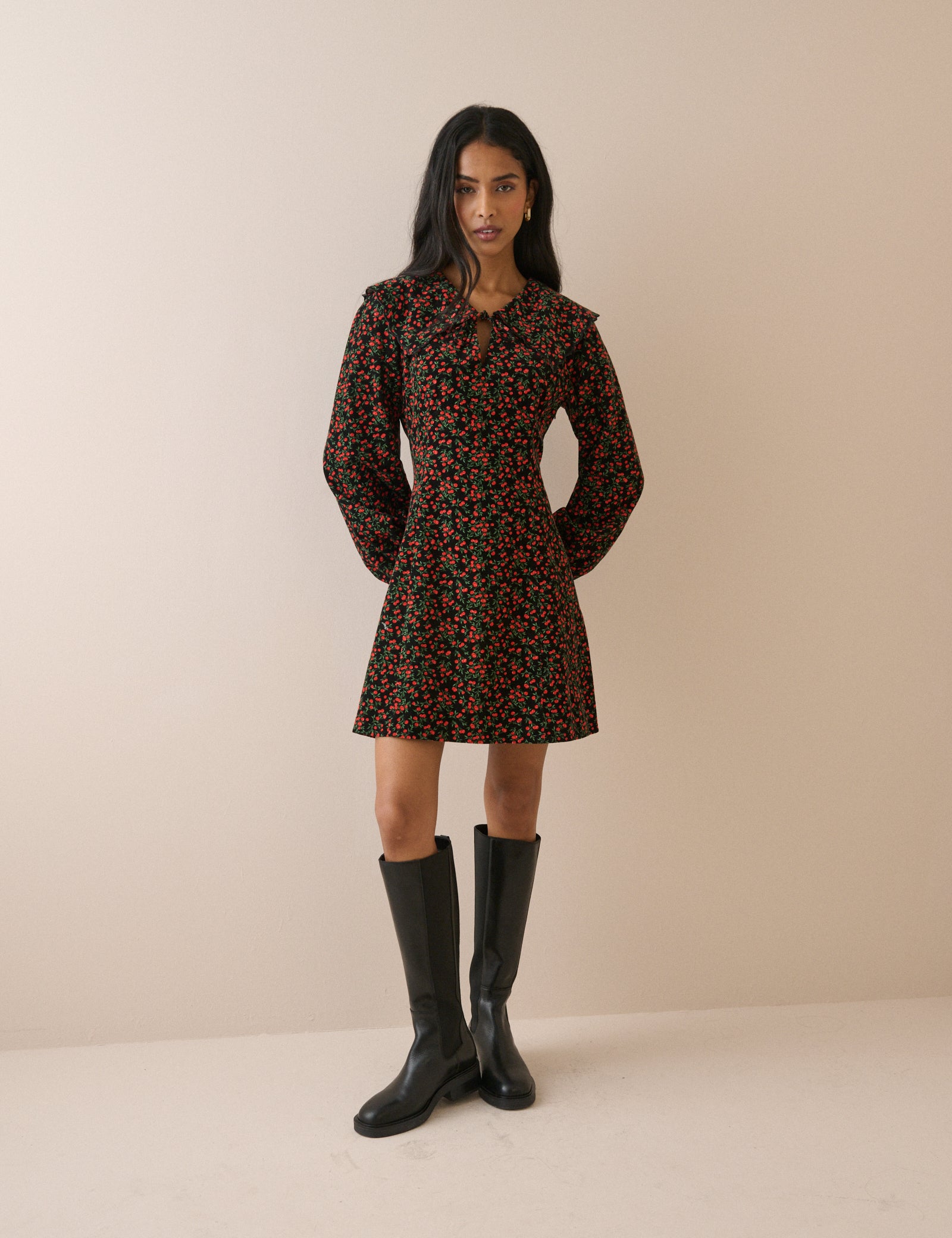 Black and Red Ditsy Cherry Hannah Cord Mini Dress